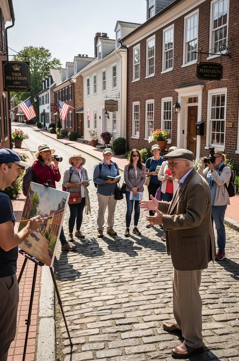 Cobblestone street lined with historic shops and traditional New England architecture.